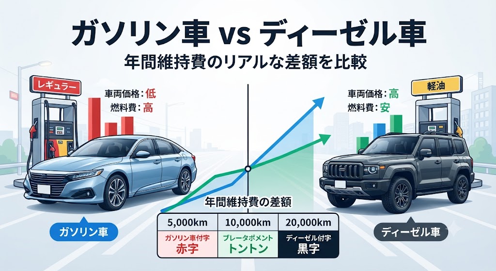 ガソリン車 vs ディーゼル車｜年間維持費のリアルな差額を比較